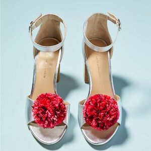 NWT; Anthropologie Raffia Pom Heels Silver and Pink Women's Sandals⭐️